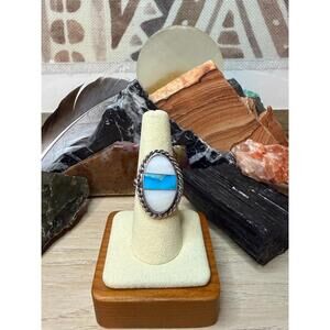 Navajo Zuni Inlay Turquoise Mother of Pearl Sterling Silver Stamped TV Ring